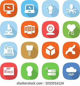 flat vector icon set - monitor arrow vector, notebook, bulb, virus, microscope, server, web cam, cardio chip, cashbox, tooth implant, 3d, satellite, invoice, cloud service
