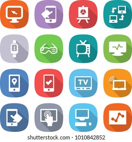 flat vector icon set - monitor arrow vector, touch, presentation, notebook connect, smart watch, glasses, tv, pulse, mobile location, checking, laptop wifi, touchscreen, computer, analytics