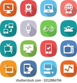 flat vector icon set - monitor arrow vector, presentation, notebook, globe, connect, smart watch, glasses, scales, tv, pulse, mobile checking, laptop wifi, touchscreen, computer, analytics