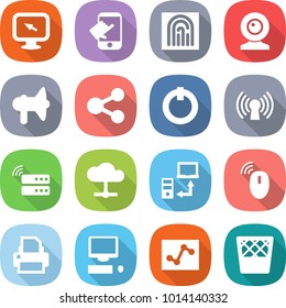 flat vector icon set - monitor arrow vector, touch, fingerprint, web cam, loudspeaker, share, on off button, antenna, server, cloud, data transfer, wireless mouse, printer, computer, analytics