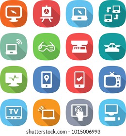 flat vector icon set - monitor arrow vector, presentation, notebook, connect, wireless, smart glasses, market scales, pulse, mobile location, checking, tv, laptop wifi, touchscreen, computer