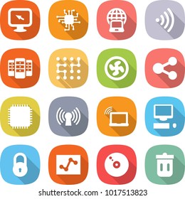 flat vector icon set - monitor arrow vector, chip, notebook globe, wireless, server, cooler fan, share, cpu, antenna, laptop wifi, computer, lock, analytics, cd, trash bin
