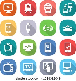 flat vector icon set - monitor arrow vector, presentation, notebook globe, connect, phone wireless, smart watch, glasses, scales, tv, pulse, mobile location, checking, touchscreen, computer