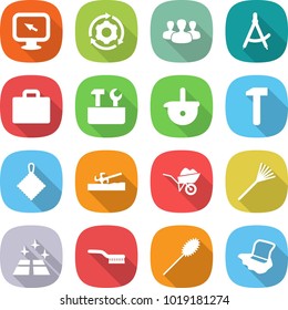 flat vector icon set - monitor arrow vector, around gear, group, draw compass, suitcase, repair tools, ladle, hammer, rag, soil cutter, wheelbarrow, rake, clean floor, brush, duster, washing