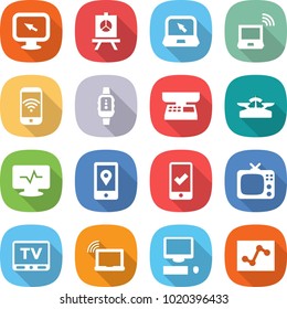 flat vector icon set - monitor arrow vector, presentation, notebook, wireless, phone, smart watch, market scales, pulse, mobile location, checking, tv, laptop wifi, computer, analytics