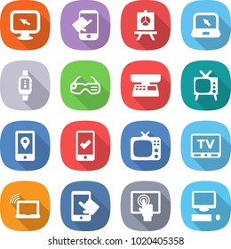 flat vector icon set - monitor arrow vector, touch, presentation, notebook, smart watch, glasses, market scales, tv, mobile location, checking, laptop wifi, touchscreen, computer