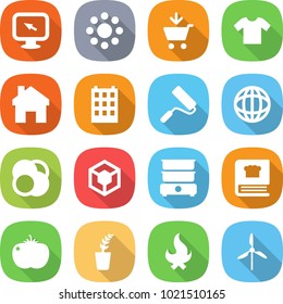 flat vector icon set - monitor arrow vector, round around, add to cart, t shirt, home, building, repair, globe, atom core, 3d, double boiler, cooking book, tomato, seedling, fire, windmill