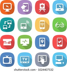 flat vector icon set - monitor arrow vector, touch, presentation, notebook, connect, wireless, phone, smart glasses, market scales, pulse, mobile location, checking, tv, touchscreen, computer