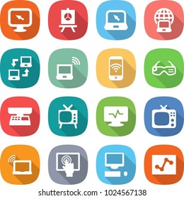 flat vector icon set - monitor arrow vector, presentation, notebook, globe, connect, wireless, phone, smart glasses, market scales, tv, pulse, laptop wifi, touchscreen, computer, analytics