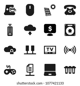 Flat vector icon set - monitor dollar vector, phone, gamepad, tv, remote control, notebook pc, server, cloud lock, download, network document, solar panel, wireless, coffee maker, speaker, mouse