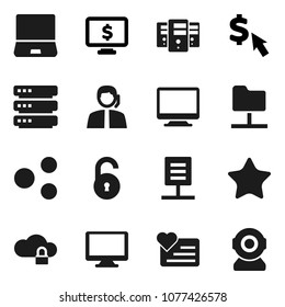 Flat vector icon set - monitor dollar vector, cursor, heart, support, notebook pc, favorites, network folder, cloud lock, big data, server, share, document, unlock, web camera