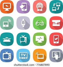 flat vector icon set - monitor arrow vector, touch, notebook globe, connect, wireless, smart watch, glasses, market scales, tv, pulse, mobile checking, laptop wifi, touchscreen