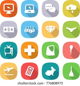 flat vector icon set - monitor arrow vector, notebook, discussion, cloud service, money, sale, diamond, underpants, tv, medical cross, broken hand, sperm, departure, inflatable mattress, rabbit