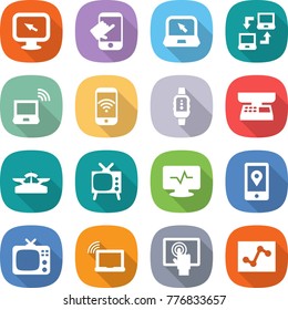 flat vector icon set - monitor arrow vector, touch, notebook, connect, wireless, phone, smart watch, market scales, tv, pulse, mobile location, laptop wifi, touchscreen, analytics