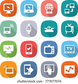 flat vector icon set - monitor arrow vector, notebook, globe, connect, wireless, smart watch, scales, tv, pulse, mobile checking, laptop wifi, touchscreen, analytics