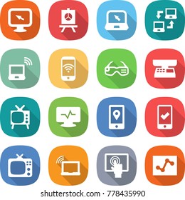 flat vector icon set - monitor arrow vector, presentation, notebook, connect, wireless, phone, smart glasses, market scales, tv, pulse, mobile location, checking, laptop wifi, touchscreen, analytics