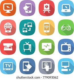 flat vector icon set - monitor arrow vector, touch, presentation, notebook, globe, connect, phone wireless, smart glasses, market scales, tv, pulse, touchscreen, computer