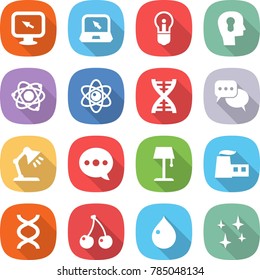 flat vector icon set - monitor arrow vector, notebook, bulb, head, atom, dna, discussion, table lamp, balloon, floor, factory, cherry, drop, shining