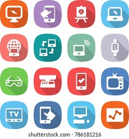 flat vector icon set - monitor arrow vector, touch, presentation, notebook, globe, connect, wireless, smart watch, glasses, market scales, mobile checking, tv, touchscreen, computer, analytics
