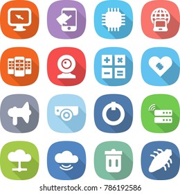 flat vector icon set - monitor arrow vector, touch, chip, notebook globe, server, web cam, calculator, pacemaker, loudspeaker, surveillance camera, on off button, cloud, service, trash bin, bug