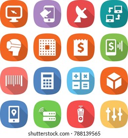 flat vector icon set - monitor arrow vector, touch, satellite antenna, notebook connect, virtual mask, cpu, receipt, mobile pay, bar code, calculator, 3d, location, server, remote control, setup