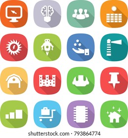 flat vector icon set - monitor arrow vector, bulb brain, group, sun power, jet robot, chemical industry, lighthouse, barn, palace, building helmet, pin, sorting, baggage trolley, chip