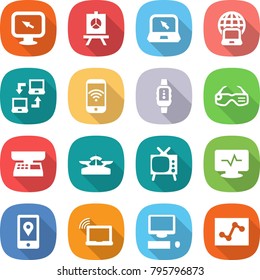 flat vector icon set - monitor arrow vector, presentation, notebook, globe, connect, phone wireless, smart watch, glasses, market scales, tv, pulse, mobile location, laptop wifi, computer, analytics