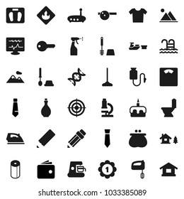 Flat vector icon set - mop vector, iron, toilet, brush, sprayer, paper, oil, cake, pencil, microscope, wallet, tie, scales, target, medal, pool, port, flammable, dna, eye doctor hat, drop counter