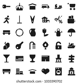 Flat vector icon set - mop vector, clothespin, shower, apron, toaster, jug, cake, school bus, shorts, hoop, run, signpost, ship, calendar, glass, umbrella, dry cargo, tulip, heart, bench, key, cart