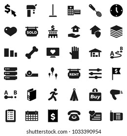 Flat vector icon set - mop vector, rubber glove, house hold, towel, skimmer, bank building, receipt, clock, binder, dollar flag, cursor, calendar, heart monitor, bone, run, sorting, route, hospital