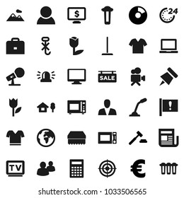 Flat vector icon set - mop vector, sponge, microwave oven, case, calculator, notebook pc, paper pin, pie graph, auction, monitor dollar, euro sign, t shirt, target, earth, attention, no hook, tulip