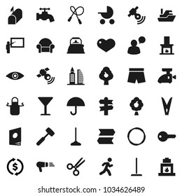 Flat vector icon set - mop vector, clothespin, water tap, kettle, apron, meat hammer, blackboard, exchange, jump rope, shorts, hoop, run, signpost, ship, glass, umbrella, satellitie, speaking man