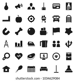 Flat vector icon set - mop vector, scoop, splotch, iron, washboard, water closet, oil, measuring cup, toaster, bbq, steak, corner ruler, drawing compass, magnet, school bus, personal information