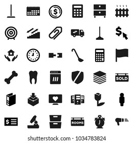 Flat vector icon set - mop vector, house hold, ladle, microscope, alarm clock, archive, flag, dollar coin, calculator, receipt, target, man, binder, cursor, stairways run, heart monitor, bone, tulip