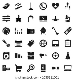 Flat vector icon set - mop vector, rubber glove, towel, skimmer, ladle, bbq, microscope, notebook pc, clipboard, archive, gold ingot, bank building, calendar, stairways run, sorting, barcode, sperm