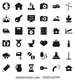 Flat vector icon set - mop vector, iron, steaming, toilet, jug, cake, oil, book, pencil, world, constellation, graph, sand clock, scales, medal, flammable, camera, heart, pills, diagnostic monitor