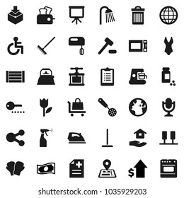 Flat vector icon set - mop vector, rake, trash bin, iron, sprayer, house hold, shower, kettle, cook press, skimmer, microwave oven, presentation, cash, dollar growth, clipboard, pills vial, earth