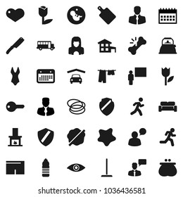Flat vector icon set - mop vector, splotch, drying clothes, cleaner woman, kettle, knife, cutting board, blackboard, school bus, manager, calendar, shorts, swimsuite, water bottle, hoop, run, client