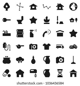 Flat vector icon set - mop vector, steaming, toilet, brush, sprayer, oil, jug, book, school bus, constellation, sand clock, pills, earth, dry cargo, flammable, camera, eye doctor hat, drop counter