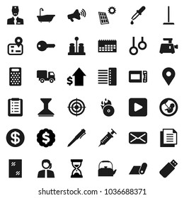Flat vector icon set - mop vector, car fetlock, window cleaning, bath, kettle, grater, spices, pen, dollar growth, sand clock, medal, target, fitness mat, gymnast rings, navigator, map pin, support