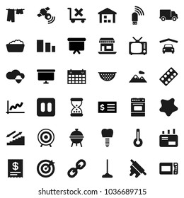 Flat vector icon set - mop vector, splotch, drying clothes, foam basin, colander, rolling pin, oven, bbq, graph, receipt, presentation board, target, calendar, stairways run, office, delivery, tv