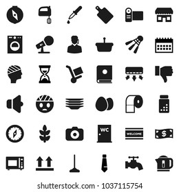 Flat vector icon set - mop vector, water tap, welcome mat, plates, toilet paper, closet, cutting board, mixer, microwave oven, egg, compass, sand clock, tie, calendar, pills vial, cereals, top sign