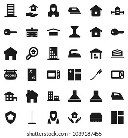 Flat vector icon set - mop vector, sponge, car fetlock, window cleaning, iron, house hold, cleaner woman, university, school building, dry cargo, warehouse, home, key, cottage, rooms signboard, hood
