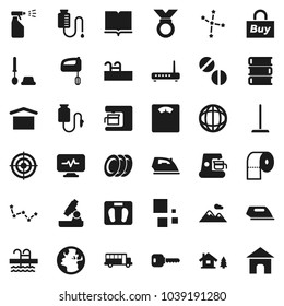 Flat vector icon set - mop vector, iron, toilet brush, sprayer, paper, plates, book, microscope, school bus, world, constellation, scales, target, medal, pool, earth, dry cargo, pills, drop counter