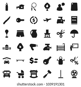 Flat vector icon set - mop vector, apron, knife, meat hammer, cutting board, jug, school building, blackboard, bus, exchange, jump rope, punching bag, shorts, skateboard, plane, umbrella, cottage