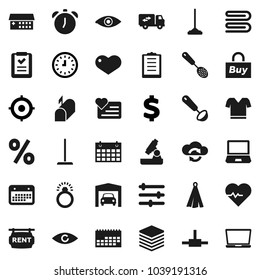 Flat vector icon set - mop vector, towel, skimmer, ladle, microscope, alarm clock, target, dollar sign, heart pulse, t shirt, calendar, monitor, clipboard, eye, hospital building, connect, big data