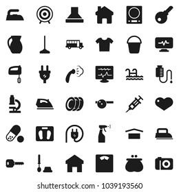 Flat vector icon set - mop vector, bucket, iron, steaming, toilet brush, sprayer, plates, jug, microscope, school bus, scales, target, pills, dry cargo, heart, syringe, eye doctor hat, drop counter