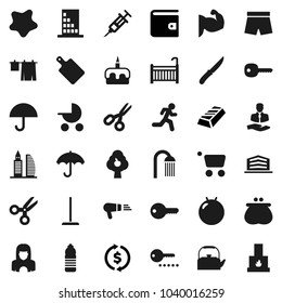 Flat vector icon set - mop vector, splotch, drying clothes, shower, cleaner woman, kettle, knife, cutting board, cake, scissors, exchange, gold ingot, wallet, fitball, muscule hand, shorts, run, key