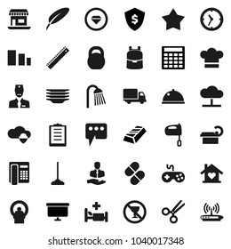 Flat vector icon set - mop vector, plates, shower, cook hat, mixer, dish, pen, ruler, backpack, gold ingot, calculator, presentation board, dollar shield, weight, no alcohol sign, office, client