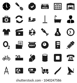 Flat vector icon set - mop vector, bath, skimmer, knife, blender, pencil, drawing compass, schedule, flask, manager, clock, bike, t shirt, first aid kit, oxygen, phone 24, ship, cargo, protected